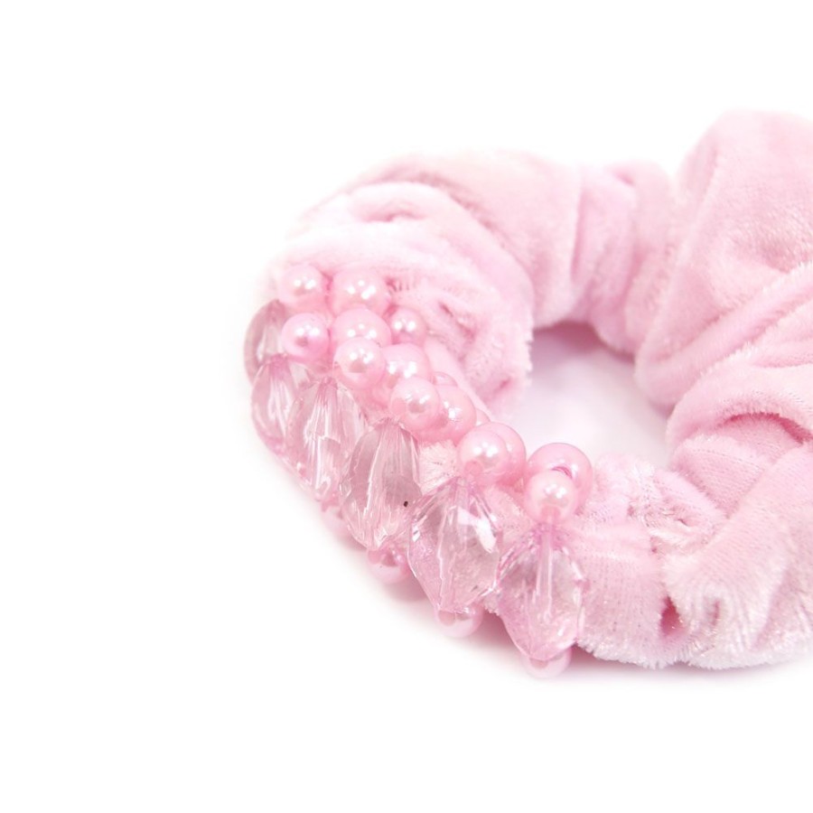 Acessorio Para Cabelo Bijoulux | Scrunchie Rosa Com Perolas E Pedras