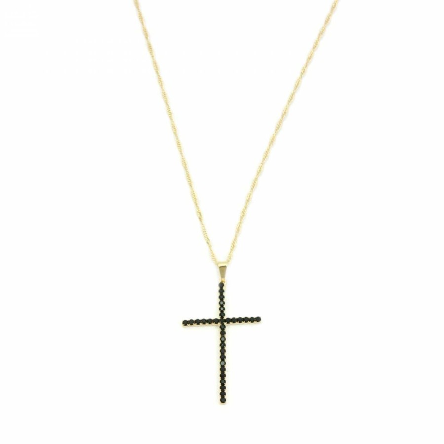 Colar Bijoulux | Colar Dourado Com Crucifixo Strass Preto