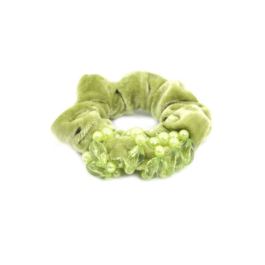 Acessorio Para Cabelo Bijoulux | Scrunchie Verde Com Perolas E Pedras