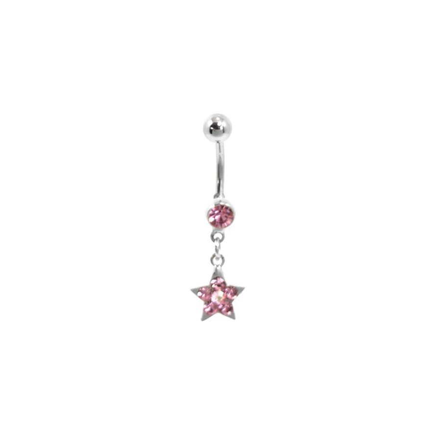 Piercing Bijoulux | Piercing De Umbigo Prateado Com Estrela Em Strass Rosa