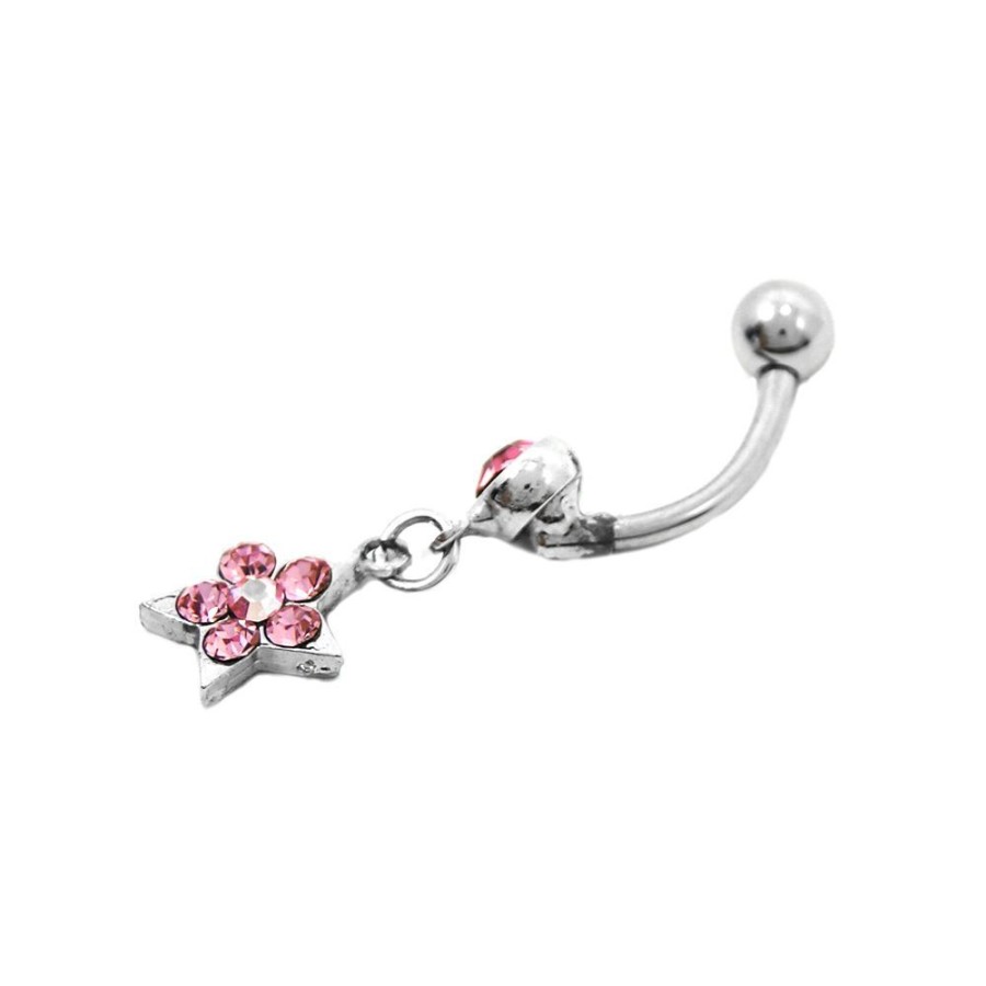 Piercing Bijoulux | Piercing De Umbigo Prateado Com Estrela Em Strass Rosa