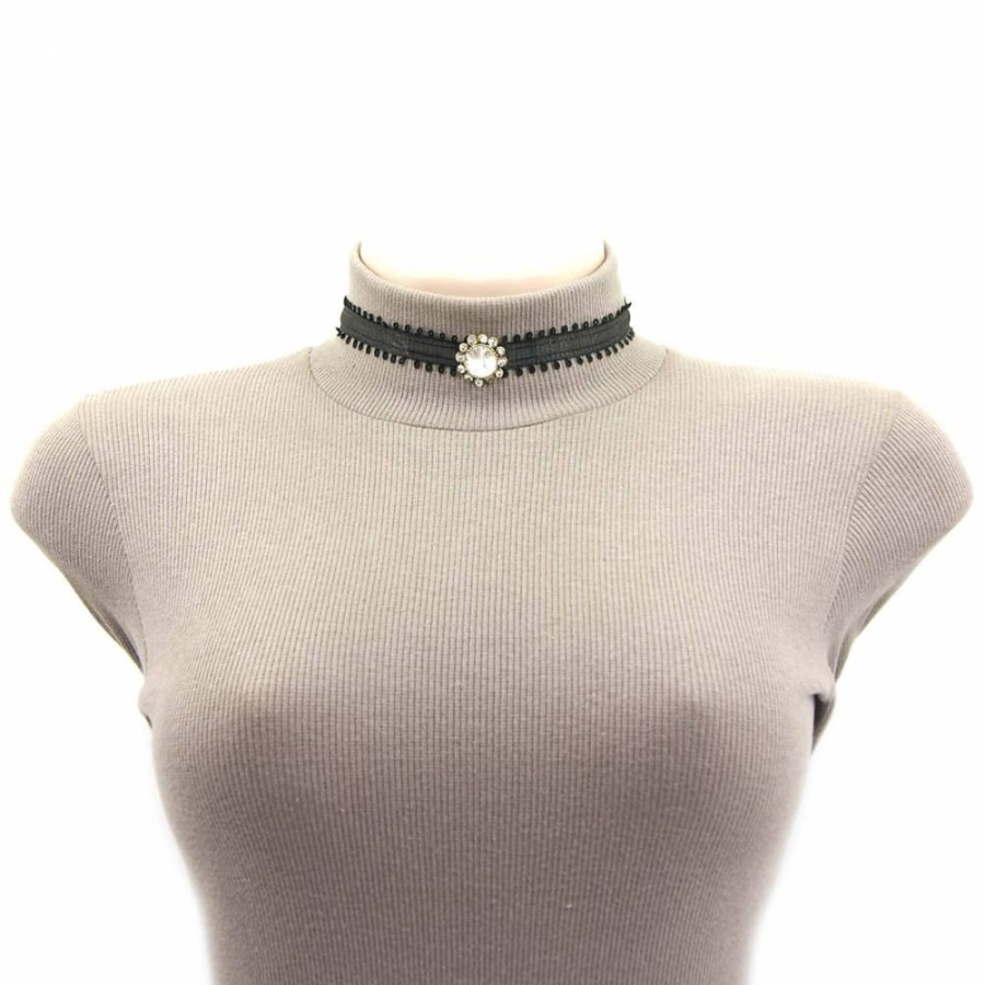 Colar Bijoulux | Choker De Renda Preta Com Pedra Incolor