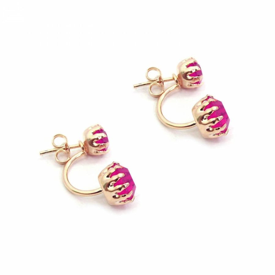 Brinco Bijoulux | Brinco Ear Jacket Folheado A Ouro 18K Com Cristal Rosa