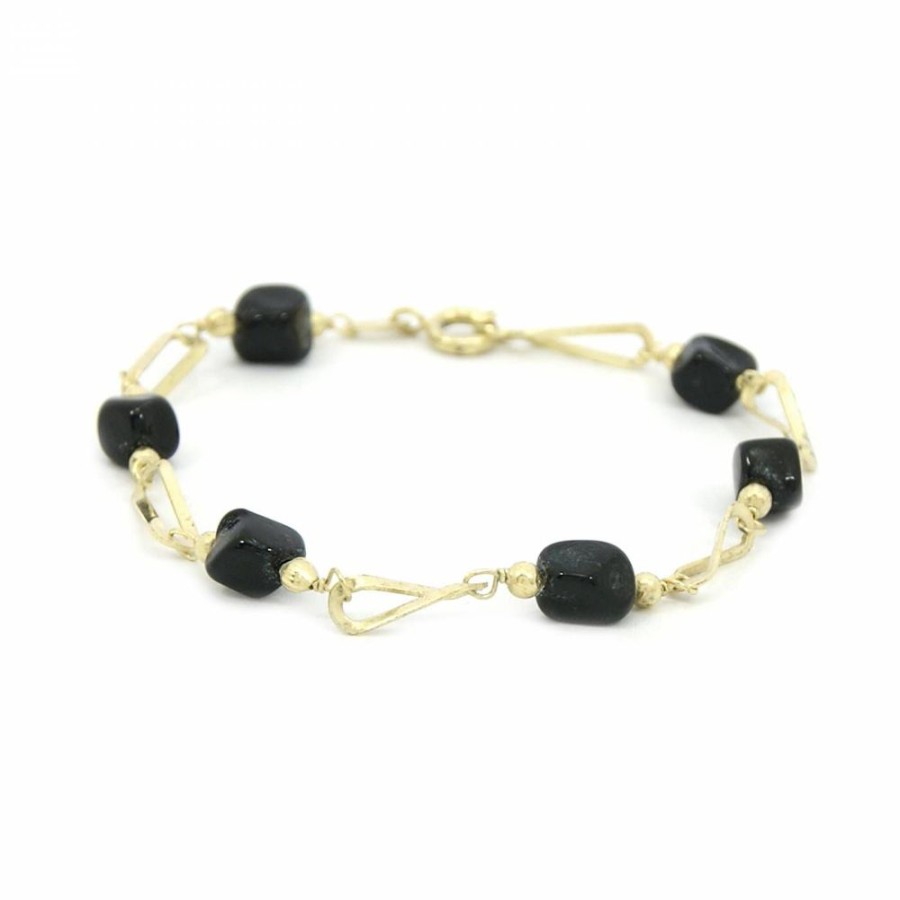 Pulseira Bijoulux | Pulseira Dourada Folheado Com Pedra Preta