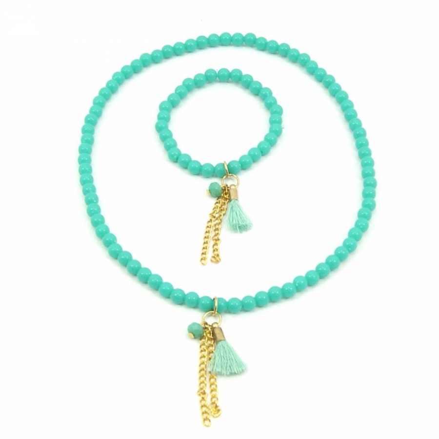 Super Promo Bijoulux | Kit De Colar E Pulseira Verde Agua Com Tassel