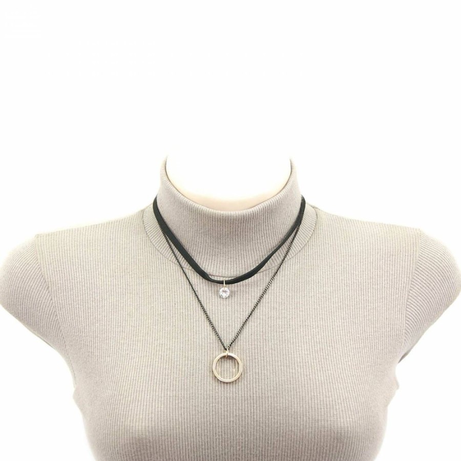 Colar Bijoulux | Colar Choker Com Camurca E Circulo Com Pedrinha