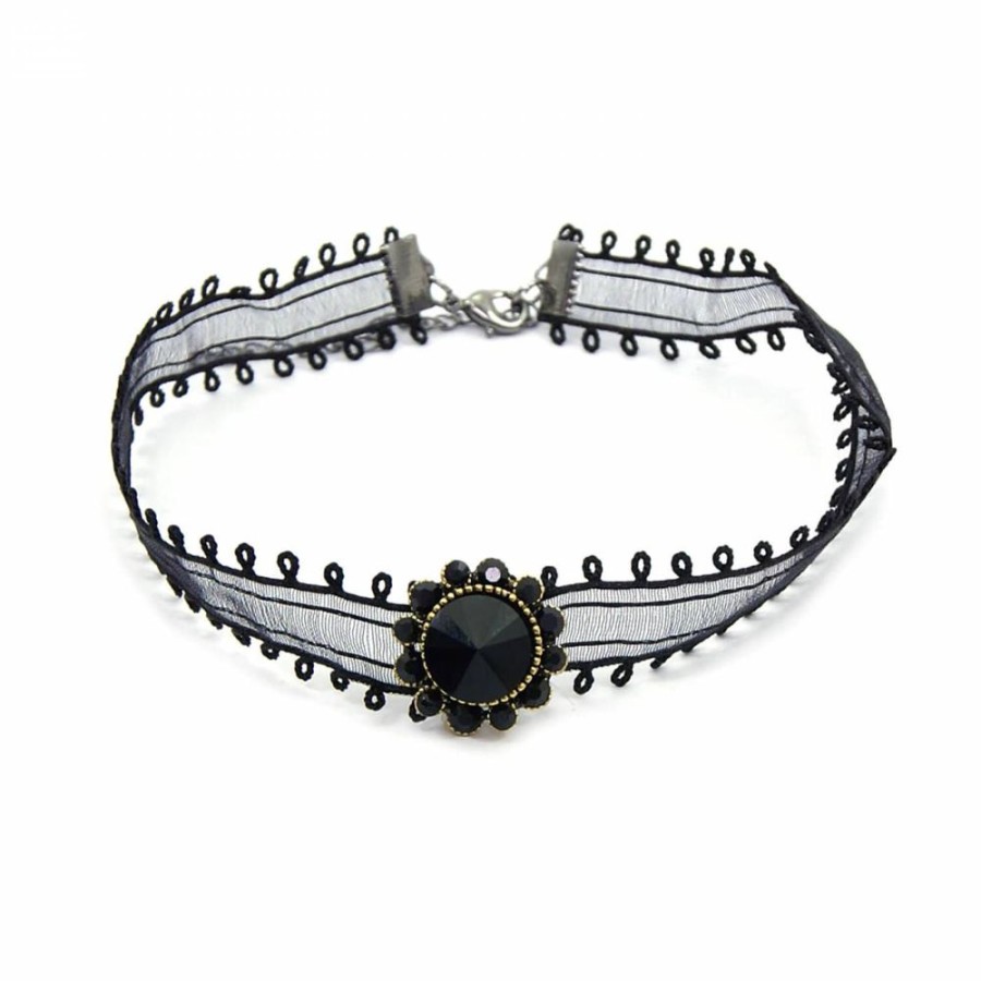 Colar Bijoulux | Choker De Renda Preta Com Pedra Preta