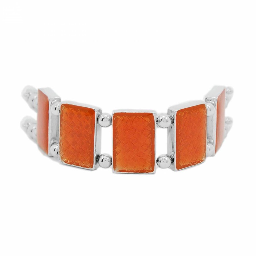 Pulseira Bijoulux | Pulseira Prateada Com Pedras Laranja Quadradas