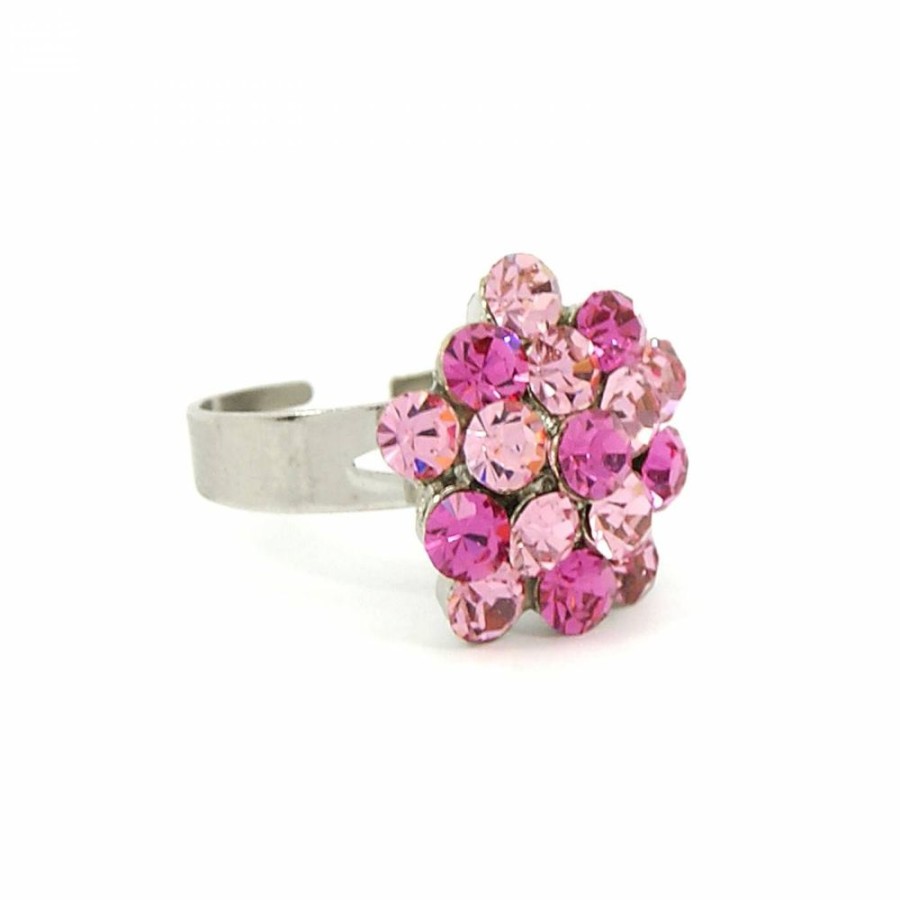 Anel Bijoulux | Anel Regulavel Prateado Com Flor De Strass Rosa