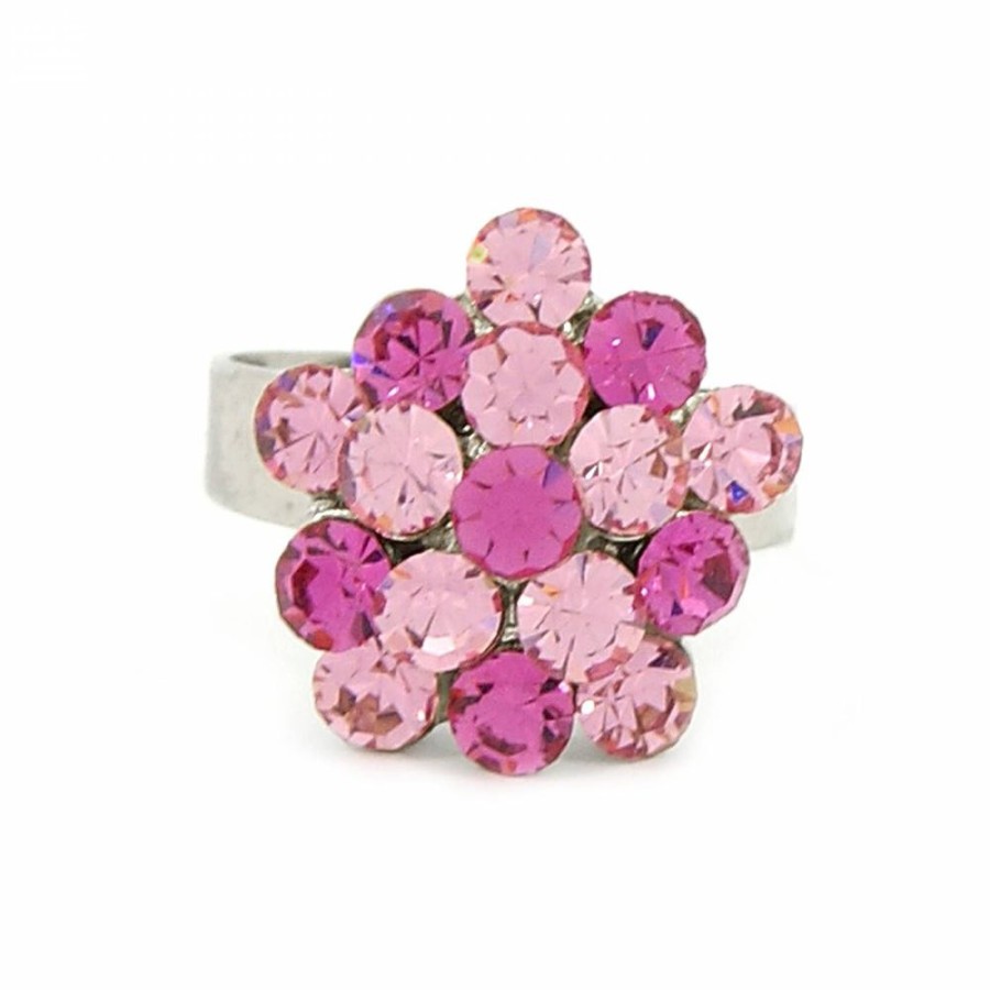 Anel Bijoulux | Anel Regulavel Prateado Com Flor De Strass Rosa