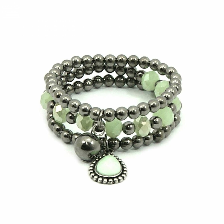 Pulseira Bijoulux | Kit Pulseiras Bolinhas Grafite Com Pingente De Pedra Verde