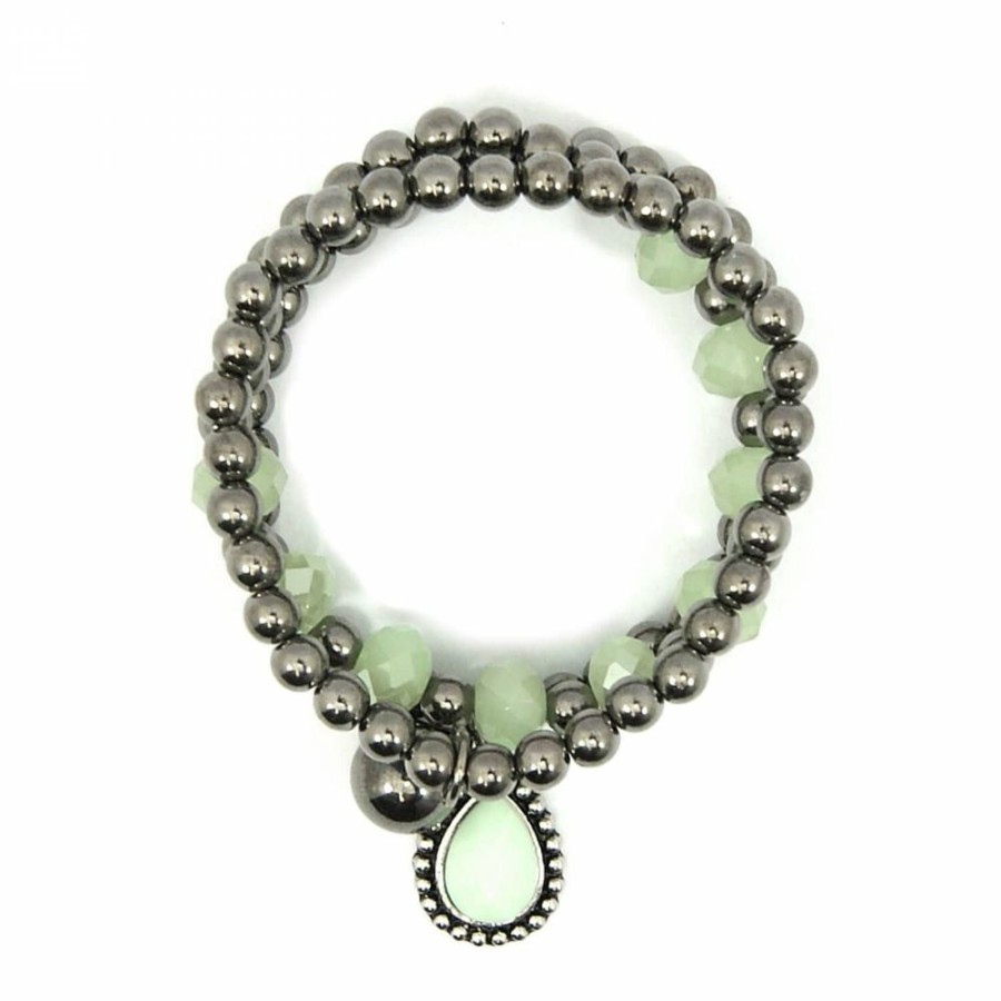 Pulseira Bijoulux | Kit Pulseiras Bolinhas Grafite Com Pingente De Pedra Verde