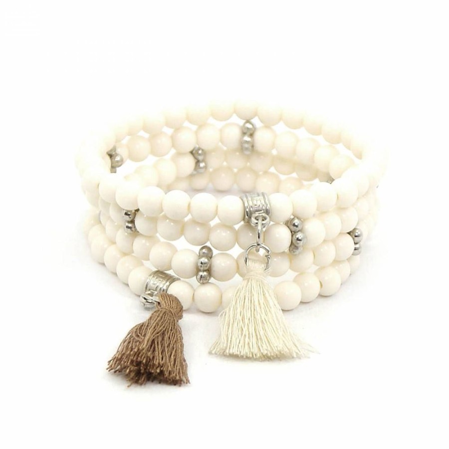 Pulseira Bijoulux | Kit Pulseiras De Bolinhas Off White E Tassel