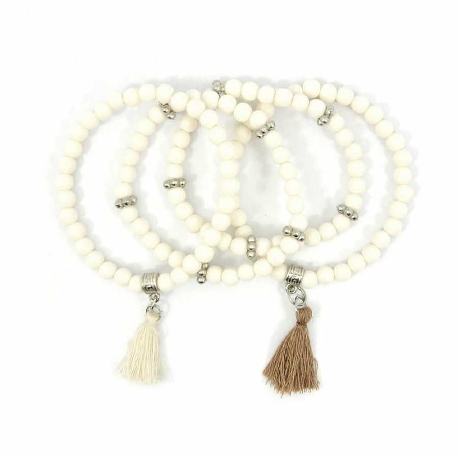 Pulseira Bijoulux | Kit Pulseiras De Bolinhas Off White E Tassel