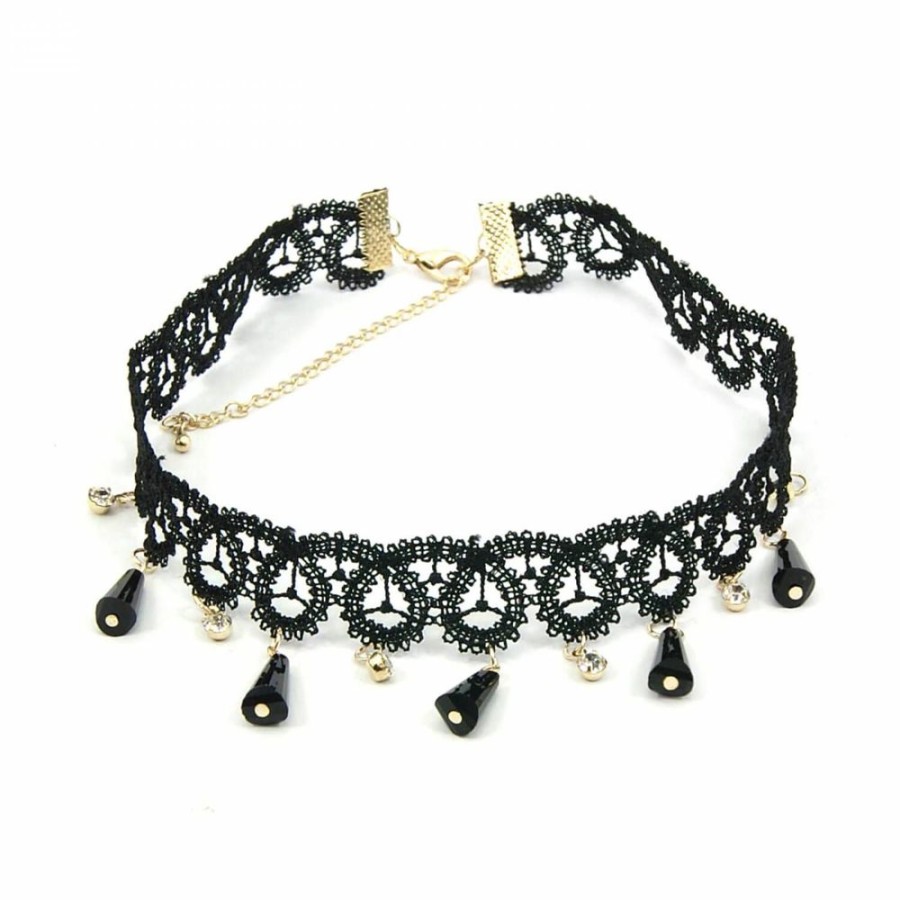 Colar Bijoulux | Choker De Renda Com Strass Dourado E Pingentes Preto