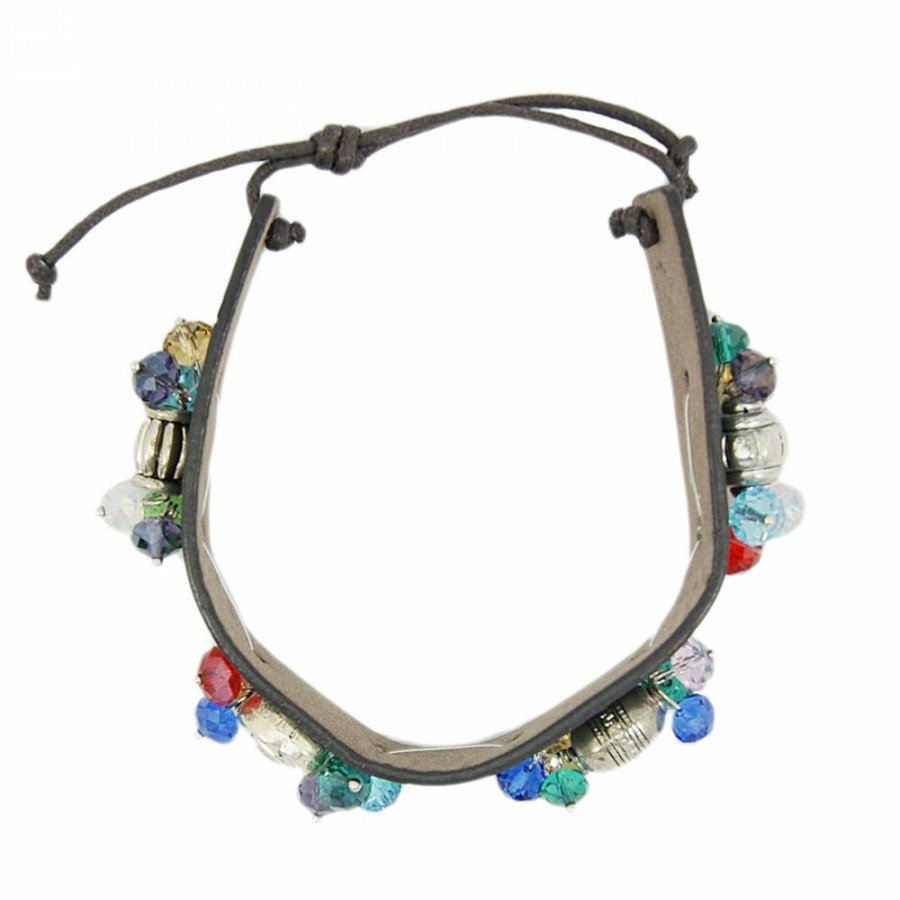 Pulseira Bijoulux | Pulseira De Couro Marrom Com Pedras Coloridas