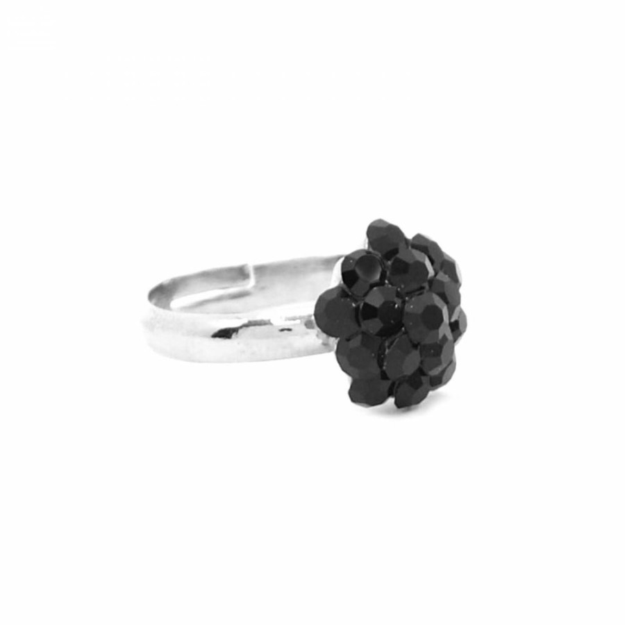 Anel Bijoulux | Anel Regulavel Prateado Pequeno Com Flor De Strass Preto