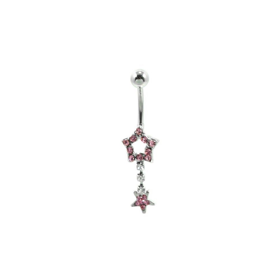 Piercing Bijoulux | Piercing De Umbigo Prateado Com Estrelas De Strass Rosa