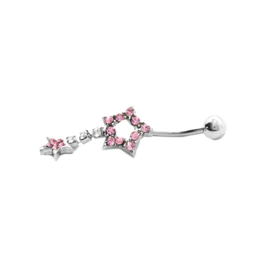 Piercing Bijoulux | Piercing De Umbigo Prateado Com Estrelas De Strass Rosa