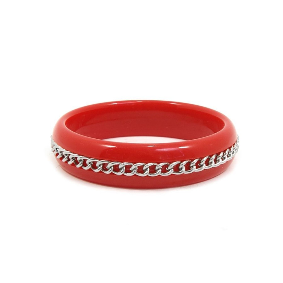 Pulseira Bijoulux | Pulseira Bracelete Vermelho Com Corrente Prata