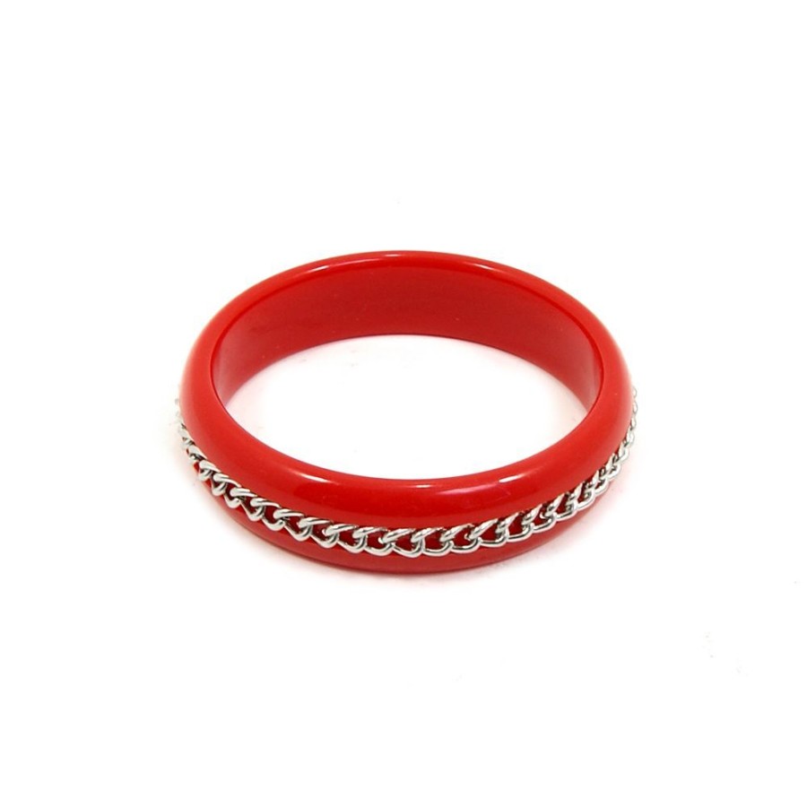 Pulseira Bijoulux | Pulseira Bracelete Vermelho Com Corrente Prata