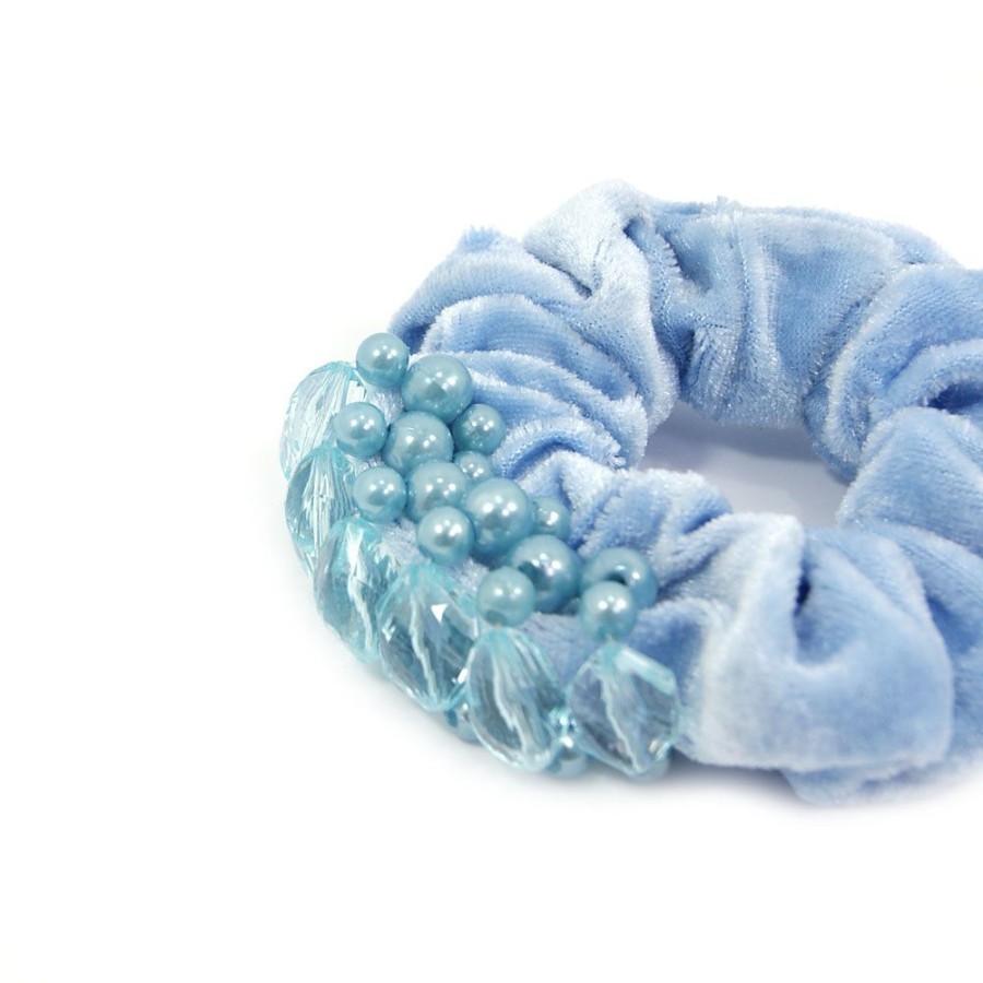 Acessorio Para Cabelo Bijoulux | Scrunchie Azul Com Perolas E Pedras