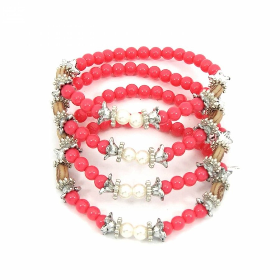 Pulseira Bijoulux | Kit De Pulseiras Rosa Neon Com Perolas