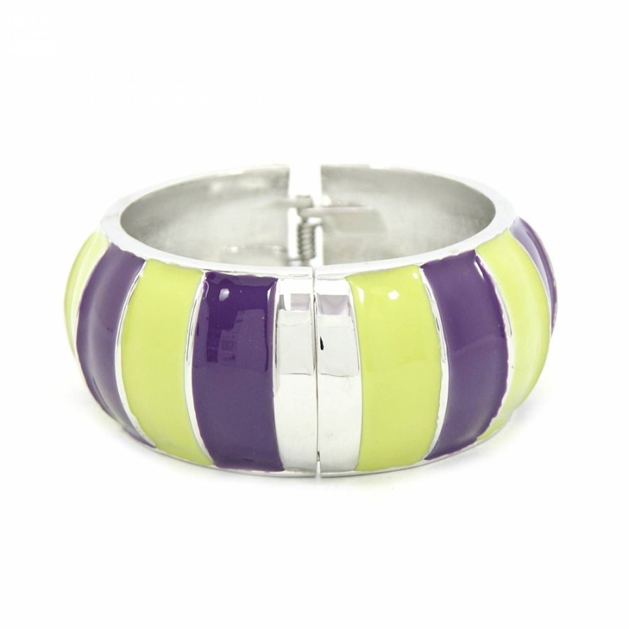 Pulseira Bijoulux | Pulseira Bracelete Prateada Larga Verde E Roxo