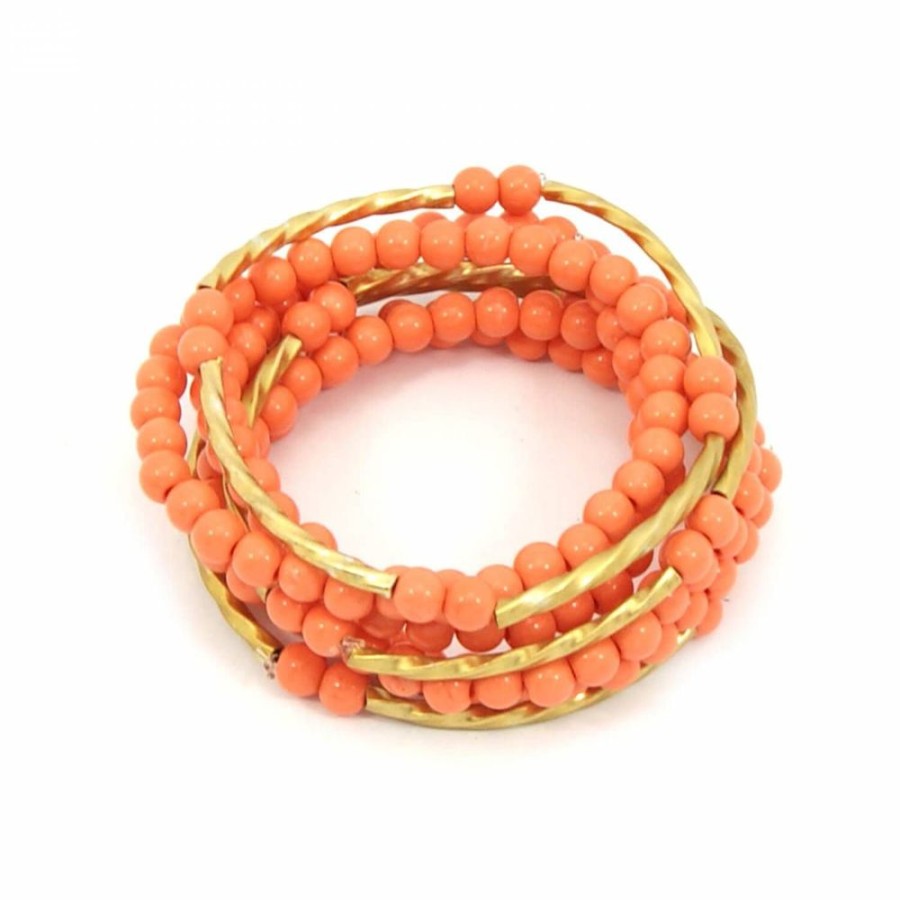 Pulseira Bijoulux | Kit De Pulseiras Laranja Com Pecas Douradas