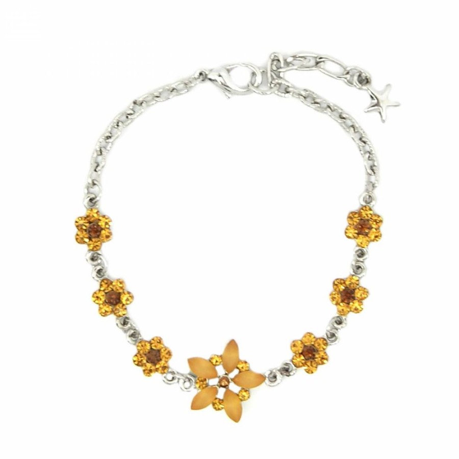 Pulseira Bijoulux | Pulseira Prateada Com Florzinha Strass Laranja