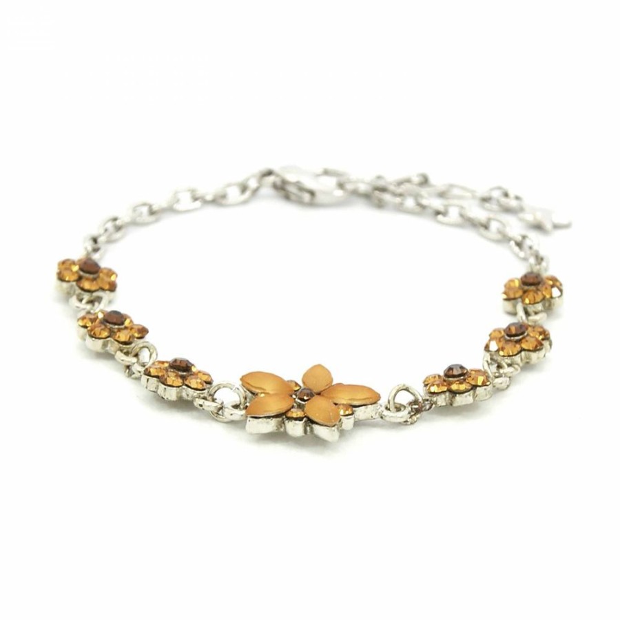 Pulseira Bijoulux | Pulseira Prateada Com Florzinha Strass Laranja