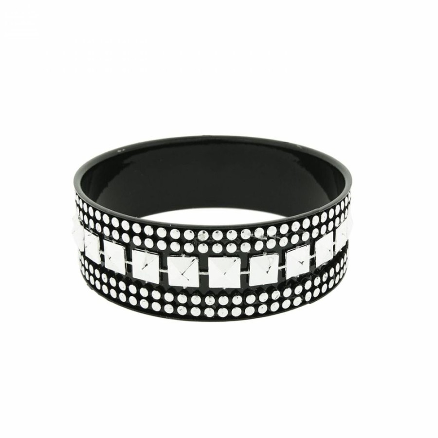 Pulseira Bijoulux | Pulseira Bracelete Preta Com Spike E Bolinhas Prateadas