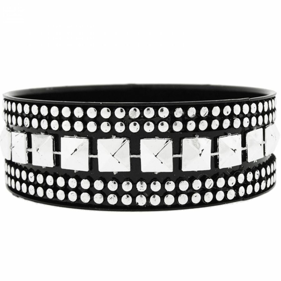 Pulseira Bijoulux | Pulseira Bracelete Preta Com Spike E Bolinhas Prateadas