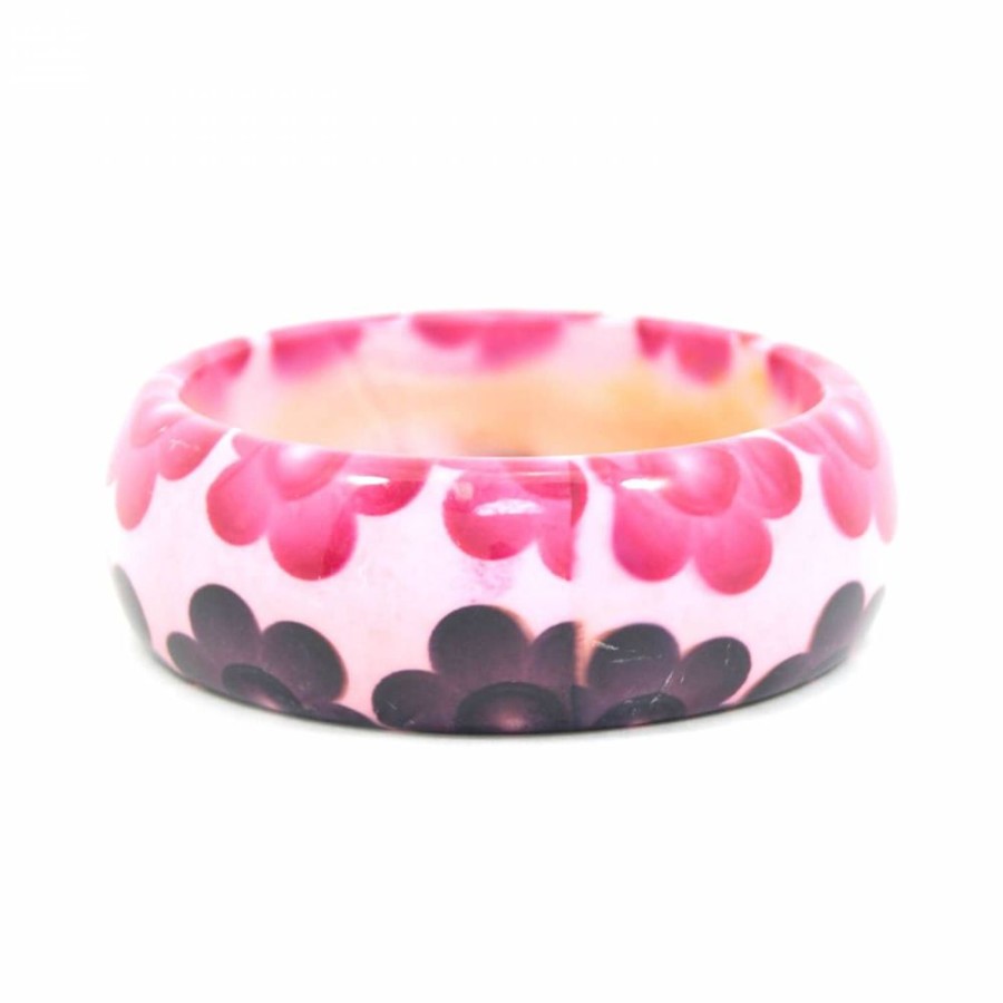 Pulseira Bijoulux | Pulseira Acrilica Rosa Com Flores