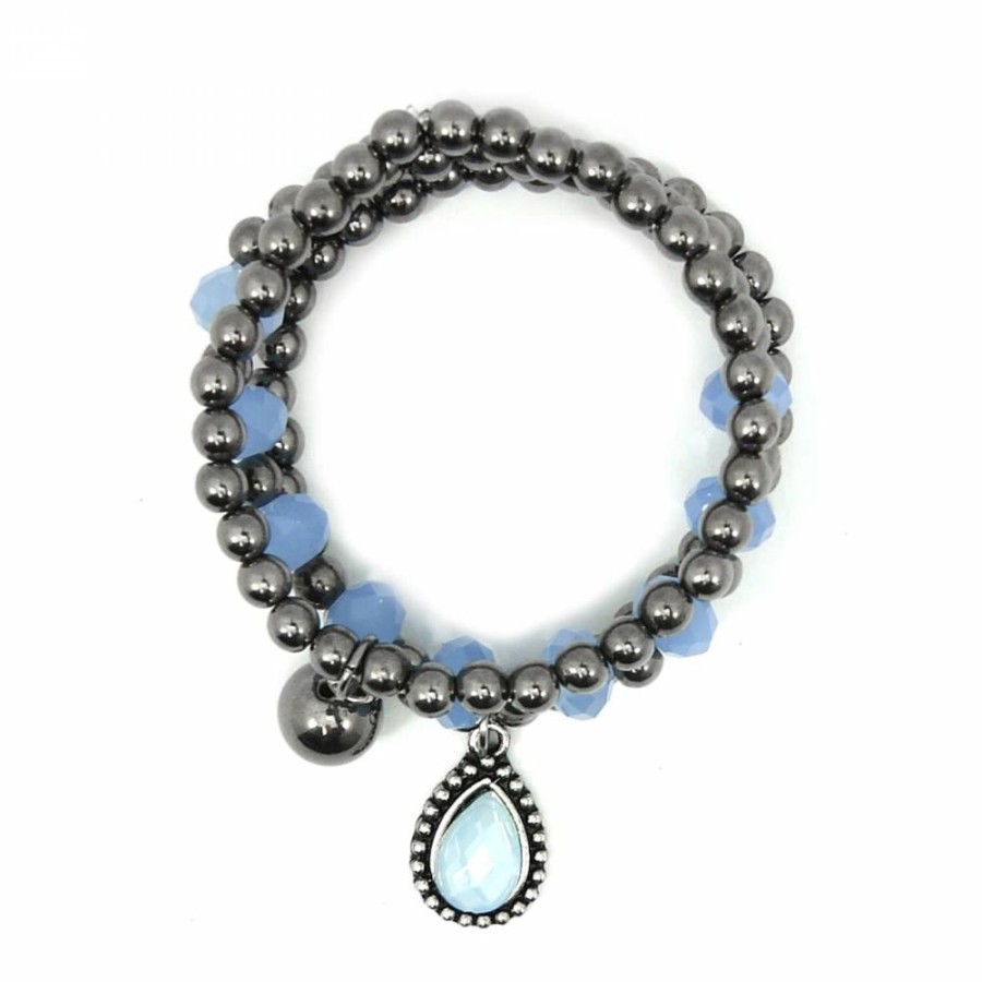 Pulseira Bijoulux | Kit Pulseiras Bolinhas Grafite Com Pingente De Pedra Azul