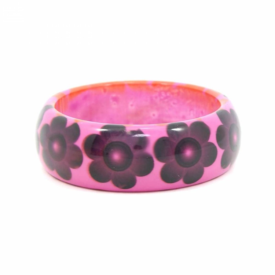 Super Promo Bijoulux | Pulseira Acrilica Pink Com Flores