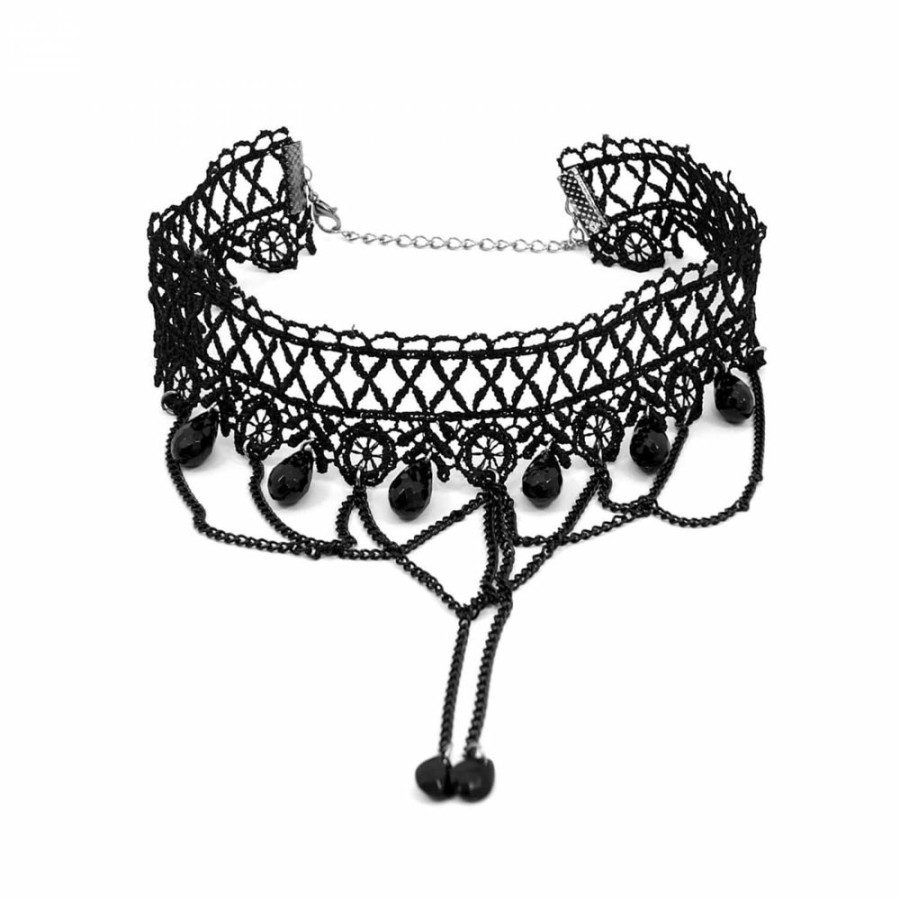 Colar Bijoulux | Choker De Renda Com Correntes E Pedras Pretas