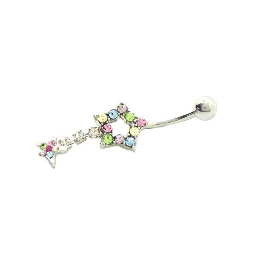 Piercing Bijoulux | Piercing De Umbigo Prateado Com Estrelas De Strass Colorido